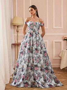 全身印花露肩伴娘礼服 - 彩色 - 查看 2