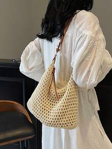 2025新款镂空单肩编织沙滩包，大容量通勤手提包，适合度假 - 米色 - 查看 4