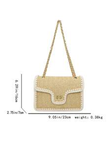 时尚珍珠设计草编单肩包，小巧方形沙滩度假包 - 卡其色 - 查看 3