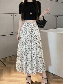 Women's Spring/Summer New High-Waisted Floral Print Midi Skirt, Casual And Elegant Sporty Skirt, Lightweight, Comfortable And Soft, Suitable For Everyday Outings And Parties - 白色 - 查看 3
