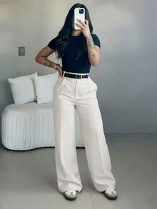 Women's High Waist Wide Leg Pants |   Spring Women's Clothing |   Casual Elegant Office Pants |   Spring Casual Wear |   Solid Color Loose Straight Bottoms |   Spring Apparel |   Women's Casual Wear |   Soft Comfortable Casual Pants |   Women's Casual Wear Matching |   Minimalist Fashionable Workwear |   Casual Suit |   New Year Preparation |   Essential For Spring & Autumn, No Belt Included - 白色 - 查看 7