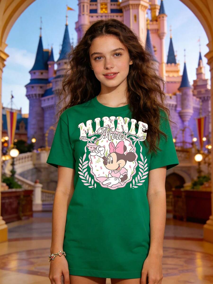 Disney Authorized Women's Casual Short Sleeve T-Shirt, Afternoon Tea Floral Print, Cute Sweet Girl Style, Breathable Comfortable Fabric, Machine Washable, All-Match For Daily Wear - màu xanh lá - Xem 1