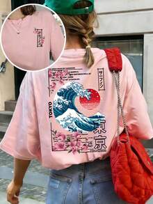 Áo thun nữ tay ngắn cổ tròn dáng rộng, họa tiết dễ thương, thời trang mặc hàng ngày và đi nghỉ mát. Áo thun tay ngắn cổ tròn in hình sóng hoàng hôn đảo Tokyo cho nữ, mềm mại, rộng rãi và thoải mái, phong cách đường phố cao cấp và áo tay ngắn đa năng màu hồng mùa hè. - Hồng - Xem 6