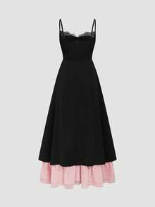 Đầm chiffon xếp ly, viền ren dệt, dáng xòe, thanh lịch, gợi cảm dành cho nữ, thích hợp cho kỳ nghỉ, đám cưới, tiệc tùng, hẹn hò. Màu đen. - màu đen - Xem 6