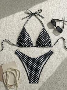 2026新款欧美复古黑白波点挂脖比基尼套装 - 彩色 - 查看 1
