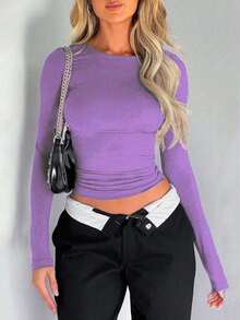 女士基础款纯色休闲简约圆领长袖修身短款T恤，Y2K性感风格，春秋季 - 紫色 - 查看 3