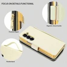 VIETAO Multifunctional Zipper Wallet Faux Leather Mobile Phone Case Bag Compatible With Samsung Galaxy Z Fold 4 5 6 7 Wrist Band Golden Plated Protective Cover - Off White - View 2