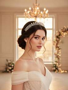 1 pieza Corona de doble capa con perla plateada y cristal, tocado nupcial clásico para boda, diadema para ocasiones formales - Plateado - Ver 13