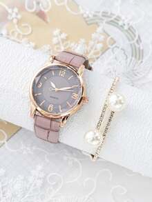 两件套女士手表套装，简约时尚的PU皮革石英手表搭配精致手链，适合日常佩戴。 - 紫色 - 查看 2