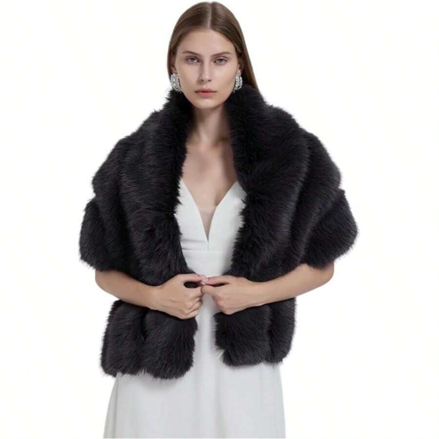 1  Elegant    Polyester    Women Long Shawl Cloak Cape   Winter  Warm   Faux Fox Fur  For Party - 黑色 - 查看 1