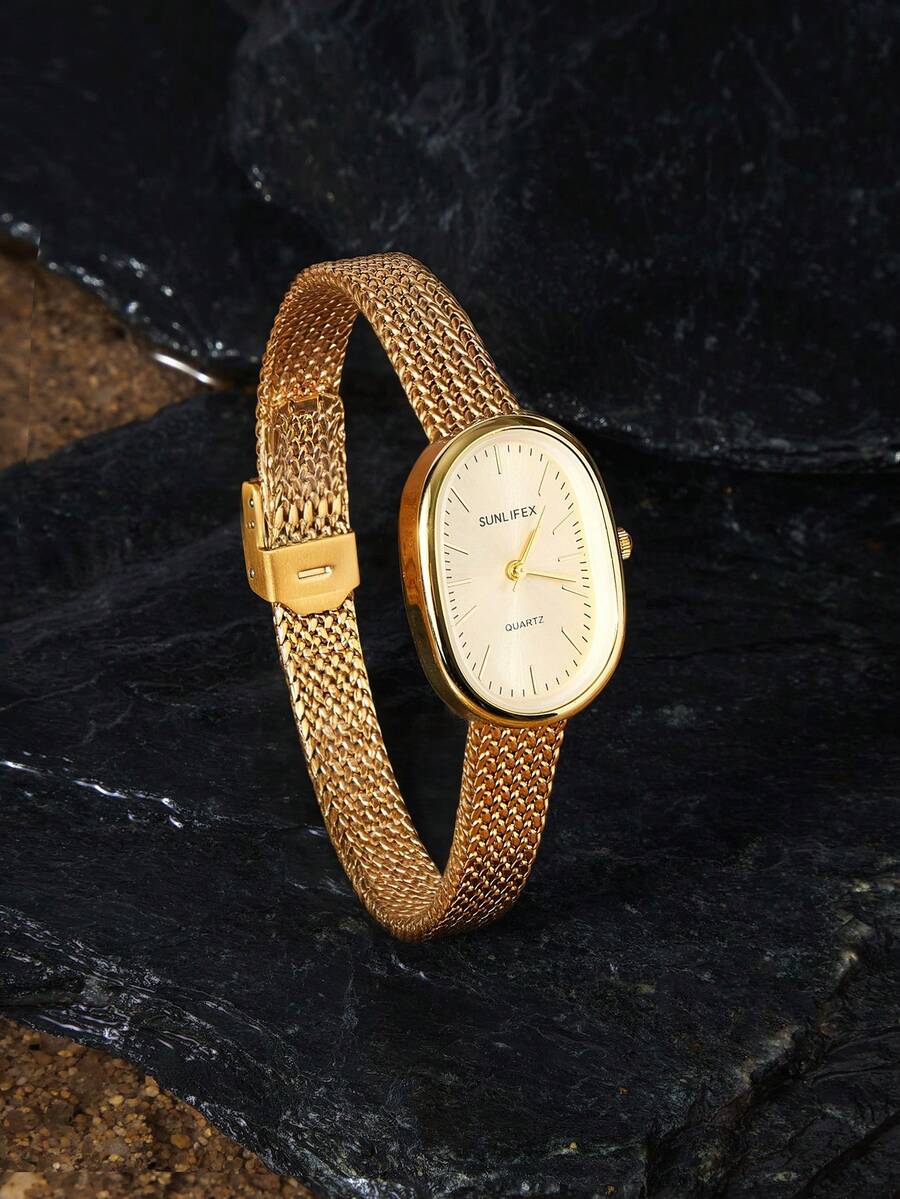 Opalesca Vintage Oval Watch With Exquisite Small Dial, Fashionable Design For Women, Wheat-Stem Strap - Gold - View 1