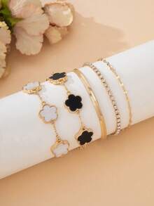 1 Set Of 4 Luxury Classic Versatile Lucky Clover Bracelet, 1 Fully Paved Crystal Bracelet, 1 Golden Snake Chain Bracelet, 1 Minimalist Thin Chain Bracelet, Women Bracelet Set For Layering/Mixing And Matching - Multicolor - View 2