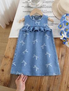 1pc Girls Casual Outdoor Vacation Summer Butterfly Print Round Neck Ruffle Hem Cute Sleeveless Denim Dress - Medium Wash - View 1