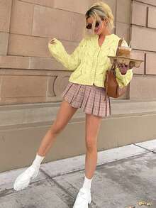 女士麻花针织短款开衫，纯色长袖宽松粗针织毛衣外套，可爱休闲秋季针织衫 - 黃色 - 查看 3