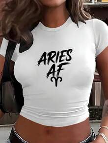 Aries OF Typography Women's Fashion Short Sleeve T-Shirt,Y2K Top Crop,Camisetas De Fiesta,Back To School,Vintage,Street Wear, Rock, Holiday, Vacation, Festival, Summer Tops - 白色 - 查看 1