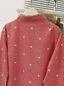 Áo sơ mi nữ tay dài cổ polo kẻ sọc in hình trái tim, kiểu dáng thường ngày, thích hợp mặc vào mùa xuân, hè và thu. - Sọc đỏ và trái tim trắng - Xem 6