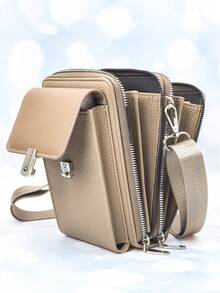 New Arrival Multi-Function Large Capacity Double-Layer Zipper Phone Wallet, Fashionable Minimalist Soft Pattern Casual Travel Date Messenger Bag - Camel - View 2
