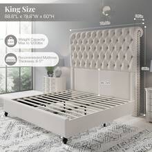Modern Bedroom Platform Bed, Velvet Upholstered Bed With Tall Headboard - 奶油 - 查看 10