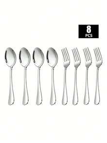 8件套不锈钢甜点叉勺套装，甜点餐具，叉子，适用于家庭、厨房、餐厅、婚礼、派对、圣诞礼物、学校用品，以及咖啡/茶/甜点/蛋糕/搅拌/水果/冰淇淋勺，可放入洗碗机清洗，不锈钢餐具，金色餐具 - 銀色 - 查看 10