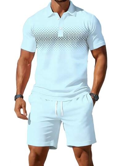 男士夏季休闲运动套装：短袖衬衫 + 抽绳腰带口袋短裤，几何印花度假风，透气速干，适合海滩、高尔夫、户外活动