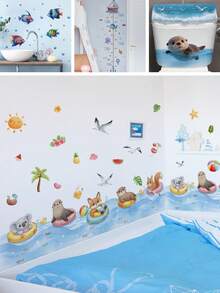 BRUP 1/2 Sheets/Set Floating Animal Friends Wall Stickers,Koala Seal Fox Squirrel In Ocean Wave, Summer Beach Theme Decals For Kids Playroom Or Nursery Wall, Removable Peel And Stick, Whimsical Underwater Adventure Theme Children's Growth Height Stickers - Multicolor - View 1
