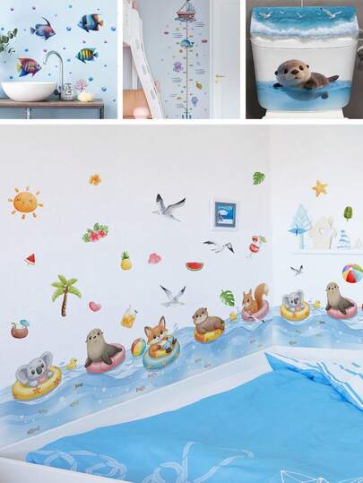 BRUP 1/2 Sheets/Set Floating Animal Friends Wall Stickers,Koala Seal Fox Squirrel In Ocean Wave, Summer Beach Theme Decals For Kids Playroom Or Nursery Wall, Removable Peel And Stick, Whimsical Underwater Adventure Theme Children's Growth Height Stickers