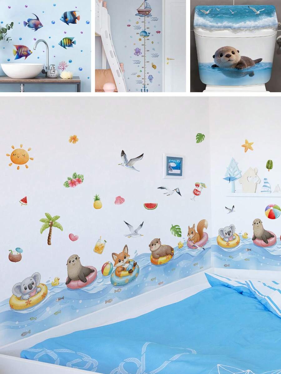 BRUP 1/2 Sheets/Set Floating Animal Friends Wall Stickers,Koala Seal Fox Squirrel In Ocean Wave, Summer Beach Theme Decals For Kids Playroom Or Nursery Wall, Removable Peel And Stick, Whimsical Underwater Adventure Theme Children's Growth Height Stickers - Multicolor - View 1