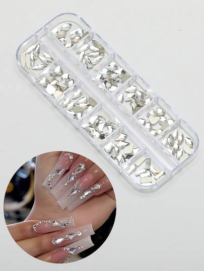 120颗装美甲配件盒，包含平底异形钻石、菱形、水滴、爱心蝴蝶结、方形钻石、12格超闪暖精灵水钻