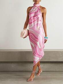 2026 Summer European And American Sexy Halter Neck Backless Printed Satin Vacation Beach Dress For Women - 粉紅色 - 查看 4
