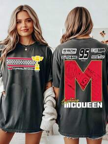 Disney UNIHLO  Lightning McQueen  Printed Summer Heavyweight Retro Washed Street Fashion Casual T-Shirt - 黑色 - 查看 1