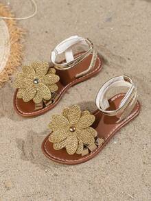 1 Pair Gold Glitter Diamond Pattern Children's Sandals, Suitable For Summer Wear. Roman Style Sandals, Bohemian Style Sandals. Girls Beach Sandals, Girls Sandals, Children's Hook And Loop Sandals, Beach Shoes And Children's Shoes. - Rose Gold - View 2