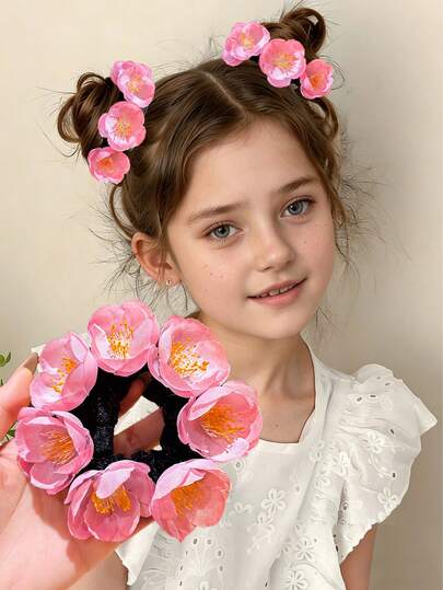 1个粉色花朵发网，可爱女孩发饰，适合演出和日常使用