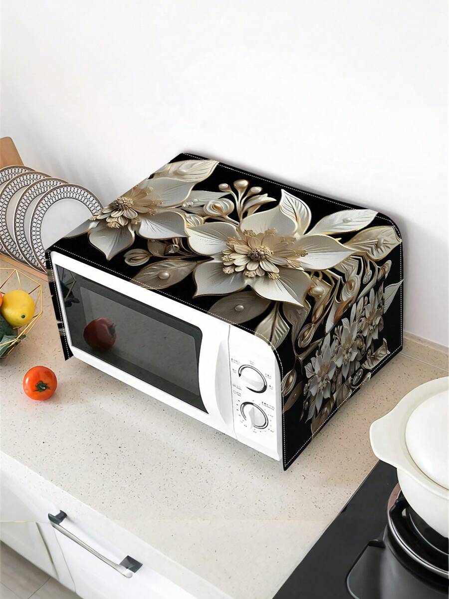 1pc Luxury Black Gold Floral Microwave Dust Cover With Dual Side Storage Pockets, Oil & Dust Proof Kitchen Appliance Cover, Farmhouse Decor, Suitable For Microwave, Washing Machine, Refrigerator - Black and White - View 1