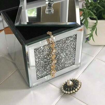 Biznest Silver Crushed Diamante Mirrored Glass Jewellery Box Eye Catching Design Black Velvet Inlay Trinket Box 11 X 10 X 10 Cm