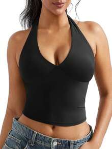 OMKAGI  Women's V-Neck Collarless Short-Sleeved Tank Top Y2K  Streetwear Style Top See-Through Top With Exposed Neckline - 黑色 - 查看 6