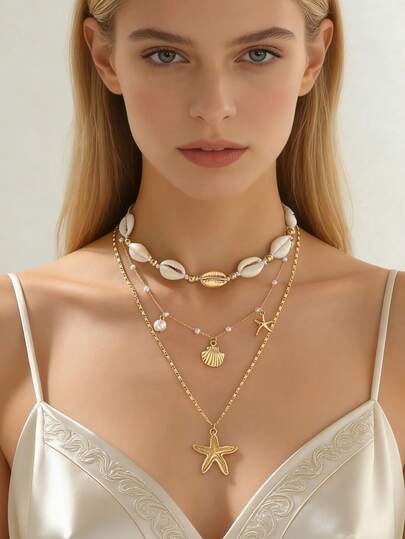 3件套波西米亚风沙滩贝壳项链，金色海星珍珠多层颈链，适合夏季度假