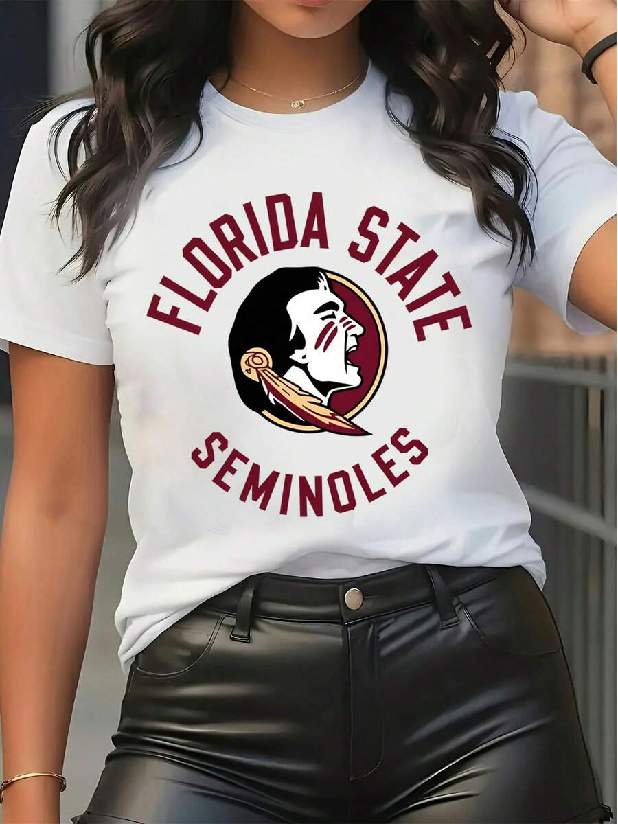 Women's Florida State Seminoles Graphic Short Sleeve T-Shirt, Casual Crew Neck Sports Team Printed Top, Vintage College Logo Tee For Summer Daily Wear,Tops For Women,Women Tops,Women's Tops Clothes ,Women Tops, Blouses & Tee Camiseta Para Mujer,Motif Women Clothes,Summer Clothes,Spring Outfits For Women,Graphic Tees Women,Black Top,Summer Tops, - trắng - Xem 1