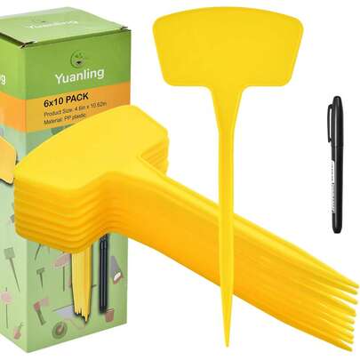 60 Piezas Etiquetas de Plantas Yuanling, Grandes Marcadores de Plantas de Plástico Tipo T Resistentes al Agua para Plantas, Flores, Semillas y Hierbas de Interior y Exterior con Bolígrafo para Jardín (Amarillo)