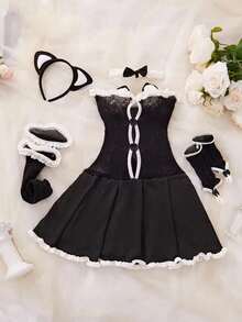 Sultry Naughty Maid Costume - Women's Sexy Lingeriee & Underwearr, Frilly A-Line Dress With Contrast Lace Trim, Gloves, Stockings, Choker, And Headband For Cosplay & Role-Play - Black - View 1