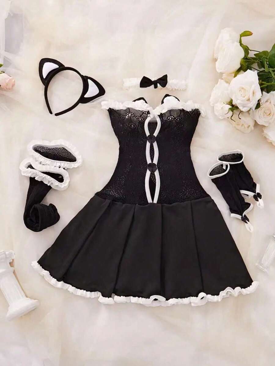 Sultry Naughty Maid Costume - Women's Sexy Lingeriee & Underwearr, Frilly A-Line Dress With Contrast Lace Trim, Gloves, Stockings, Choker, And Headband For Cosplay & Role-Play - Black - View 1