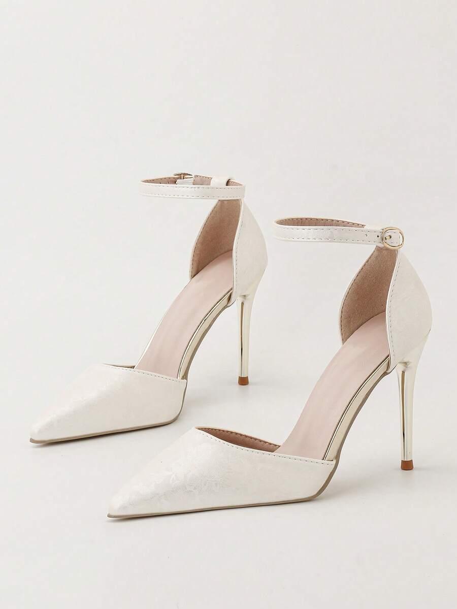 时尚简约超高跟尖头镂空绑带高跟凉鞋，优雅女士高跟鞋 - 米色 - 查看 1