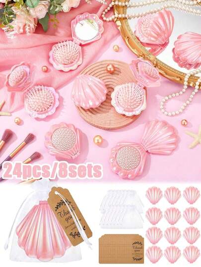 Set de regalo de 3/12/18 piezas con peine de concha de aire rosa, peine de concha compacto y portátil con espejo, cepillo de pelo plegable, bolsa de organza con tarjeta de agradecimiento, adecuado para recuerdos de boda, regalos de fiesta/cumpleaños, premios de fiesta, embalaje de regalos, decoración navideña