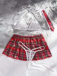 4件組女性性感內衣套裝，蝴蝶結三角罩杯掛脖式胸罩、格紋迷你裙、丁字褲，舒適可愛性感浪漫內衣套裝，適合角色扮演、居家與外出穿著 - 紅色 - 查看 4