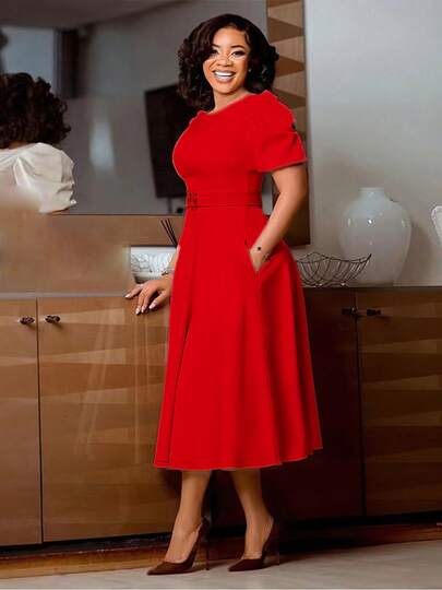 C8632-Border Women's European And American Style Round-Neck Elegant Waist-Cinching Large Hem Puff Sleeve African Dress