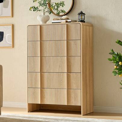 Fluted Wooden Storage Chest For Living Room Or Hallway, 48 Inch Tall 5 Drawer Cabinet With Modern Design And Large Capacity