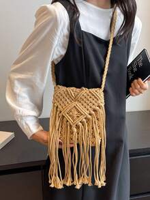 1pc Minimalist Vacation Style Fashion Straw Tassel Shoulder Bag, Chic Small Casual Lightweight Crossbody Bag, Versatile Beach Bag & Daily Commute Tote For Women, Made Of Polyester - Khaki - View 7