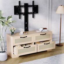 Viel Stauraum & Landhausstil – TV Lowboard mit Halterung für Fernseher bis 70 Zoll – 4 Schubladen, Rattan-Türen, Holz-Kommode – Medienkonsole & Aufbewahrung für Schlafzimmer oder Wohnzimmer - NATÜRLICH - Übersicht 7