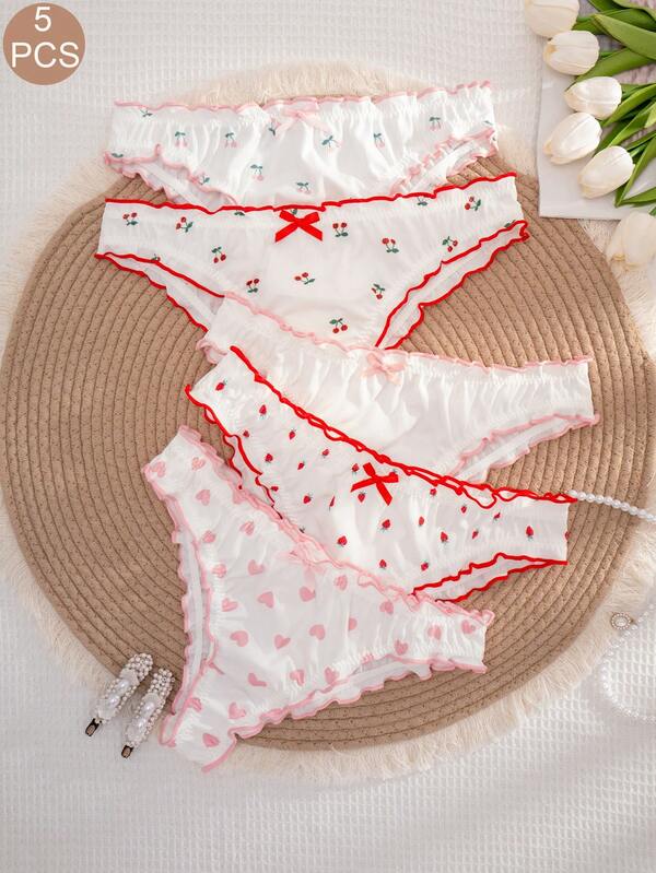 5pcs/Pack Women's Printed Bow Frill Trim Comfortable Bikini Briefs