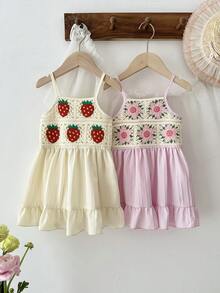 2pcs Girls' Spaghetti Strap Dress Set, Handmade Crochet Patchwork With Natural Vertical Striped Fabric, A-Line Skirt With Ruffle Hem, Lightweight And Breezy, Delicate And Sweet Style Suitable For Girls On Vacation Or Daily Wear - Multicolor - View 7