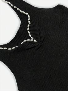 Women's Sexy Plunging Neck Beaded Fitted Knit Camisole, Summer - Black - View 8